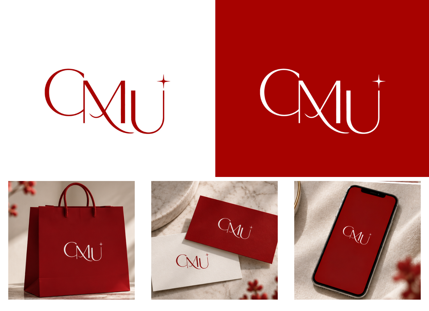 CMUの赤と白のロゴと紙袋・名刺への展開